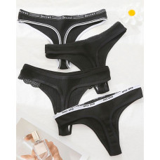 4PCS/Set Low Waist Lace Trim Tape Patch Thong Panties - black