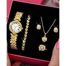 5pcs Allover Rhinestone Quartz Watch & Bracelet & Drop Earrings & Necklace & Ring Jewelry Gifts Set - gold