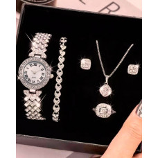 5pcs Allover Rhinestone Quartz Watch & Bracelet & Drop Earrings & Necklace & Ring Jewelry Gifts Set - silver