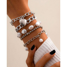 5PCS Beaded Studded Heart Pattern Chain Bracelet - silver