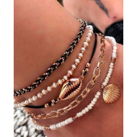 5pcs Bohemian Beaded Sea Shell Beach Anklets Set - blackwhite