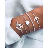 5pcs Heart Boat Anchor Pattern Layered Bracelets Set - silver