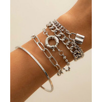 5pcs Multi-layer Geometric Lock Toggle Chain Bracelets Set - silver