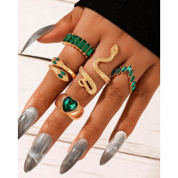 5pcs Retro Snake Heart Geometric Shaped Ring Set - green