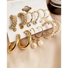 6 Pairs Retro Pearls Decor Hoop Earring - gold