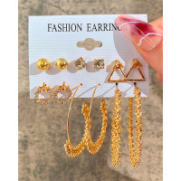 6Pairs Crown Hollow Out Geometric Trendy Stud Hoop Earrings Set - gold