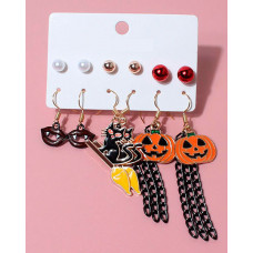 6Pairs Halloween Pumpkin Witch Cat Lip Pattern Dangle Earrings Set - style1