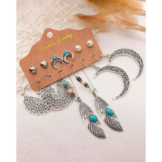 6Pairs Moon & Feather & Beaded Vintage Earrings Set - silver