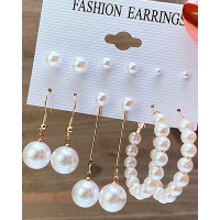 6Pairs Pearls Beaded Drop Hoop Droop Earrings Set - white