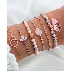 6pcs Bohemian Geometric Shell Shaped Tassel Beaded Bracelets Set - pink