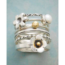 6pcs Floral Pattern Fake Pearls Decor Stackable Rings Set - silver