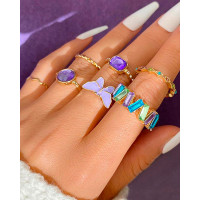 7pcs Crystal Butterfly Geometric Rings Set - purple