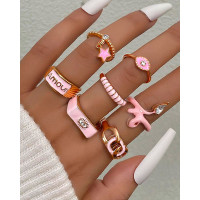 7pcs Figure Star Snake Hollow Out Rings Set - pink