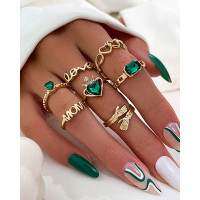 7pcs Mom Letter Gem Stone Love Heart Stackable Opening Rings Set - gold