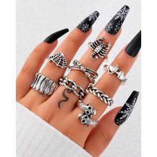 8pcs Halloween Skeleton Skull Heart Spider Web Rings Set - silver