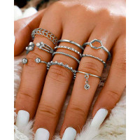 8pcs Stackable Rhinestone Hollow Out Leaf-shaped Open Rings Set - silver