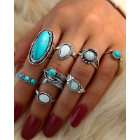 8pcs Vintage Geometric Stackable Feather Turquoise Rings Set - blue