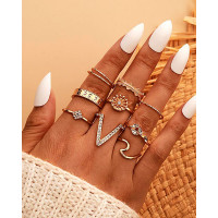 9PCS Letter & Leaf Pattern Rhinestone Rings Set - gold