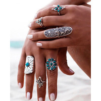 9pcs Retro Stackable Geometric Turquoise Rings Set - silver