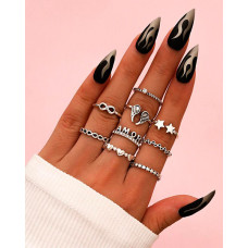 9PCS Wings & Letter & Star & Heart Pattern Rings Set - silver