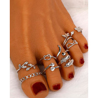 9PCS/Set Plants Heart Shaped Stackable Opening Toe Rings - silver