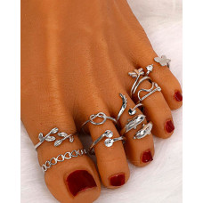 9PCS/Set Plants Heart Shaped Stackable Opening Toe Rings - silver