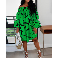 Abstact Print Shirred Off Shoulder Casual Dress - green