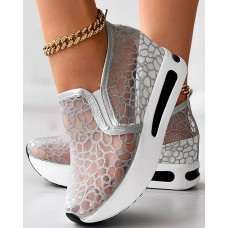 Abstract Breathable Hidden Wedge Muffin Sneakers - silver