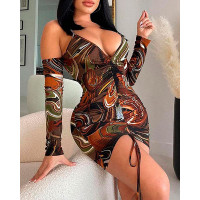 Abstract Cold Shoulder Drawstring Ruched Bodycon Dress - brown