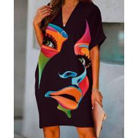 Abstract Figure Print Casual Dress - black