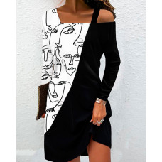 Abstract Figure Print Colorblock Cold Shoulder Casual Dress - black