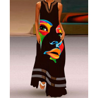 Abstract Figure Print Contrast Mesh Maxi Dress - black