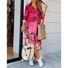 Abstract Figure Print Curved Hem Shirt Dress - pink