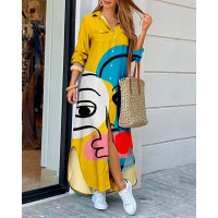 Abstract Figure Print Curved Hem Shirt Dress - yellow