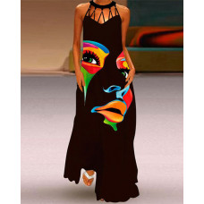 Abstract Figure Print Hollow Out Maxi Dress - black