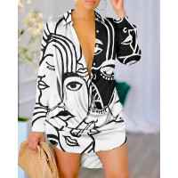 Abstract Figure Print Long Sleeve Draped Shirt Dress - white