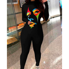 Abstract Figure Print Long Sleeve Skinny Jumpsuit - black