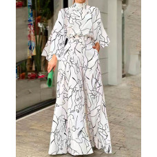 Abstract Figure Print Long Sleeve Wide Leg Jumpsuit - white