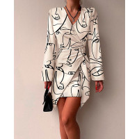 Abstract Figure Print Long Sleeve Wrap Dress - beige