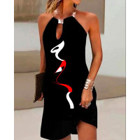 Abstract Figure Print Metal Halter Casual Dress - black