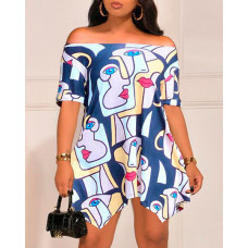 Abstract Figure Print Off Shoulder Casual Dress - Multicolor