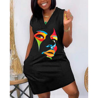 Abstract Figure Print Pocket Detail Sleeveless Casual Dress - black