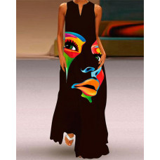 Abstract Figure Print Sleeveless Maxi Dress - black