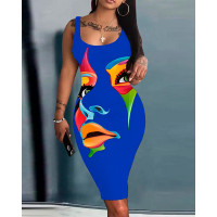 Abstract Figure Print Sleeveless U-Neck Bodycon Dress - blue