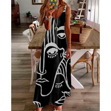 Abstract Figure Print V-Neck Maxi Dress - black