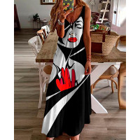 Abstract Figure Print V-Neck Maxi Dress - black&white