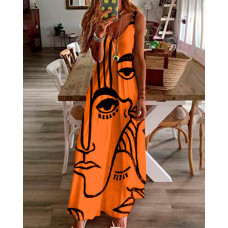 Abstract Figure Print V-Neck Maxi Dress - orange