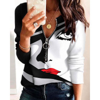 Abstract Figure Print Zip Front Long Sleeve Top - blackwhite