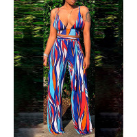 Abstract Geo Print Crop Top & Pant Sets - Multicolor