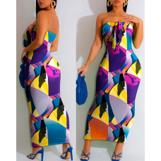 Abstract Geometric Print Bandeau Maxi Dress - Multicolor